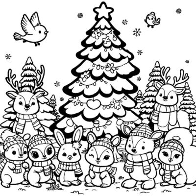 Weihnachtsbaum und kawaii Tiere